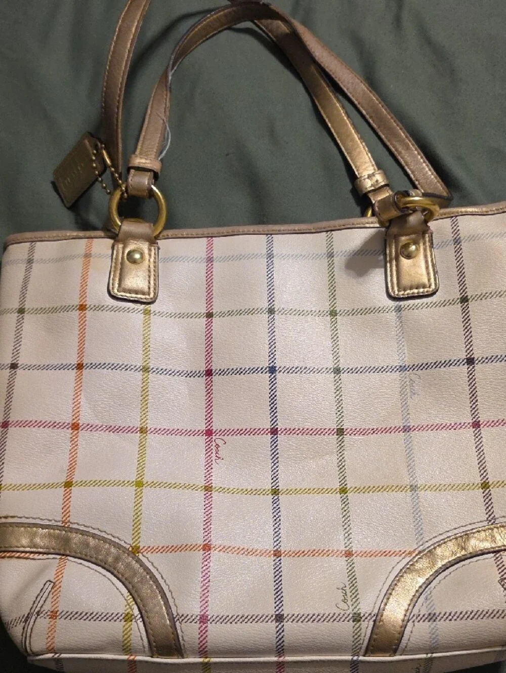 Coach Cream Plaid Shoulder Tote with Multicolor Stripes